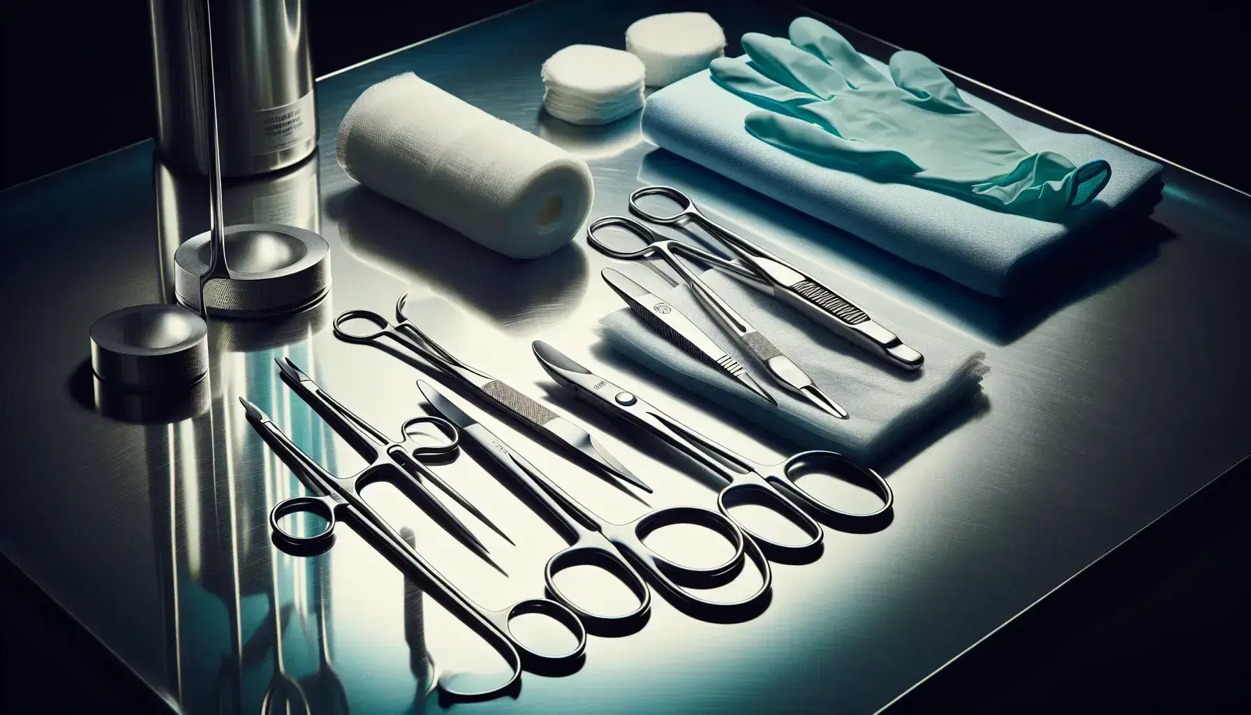 Instrumental médico quirúrgico esterilizado sobre superficie de acero, incluyendo tijeras, pinzas hemostáticas, bisturí, guantes de látex y gasa.