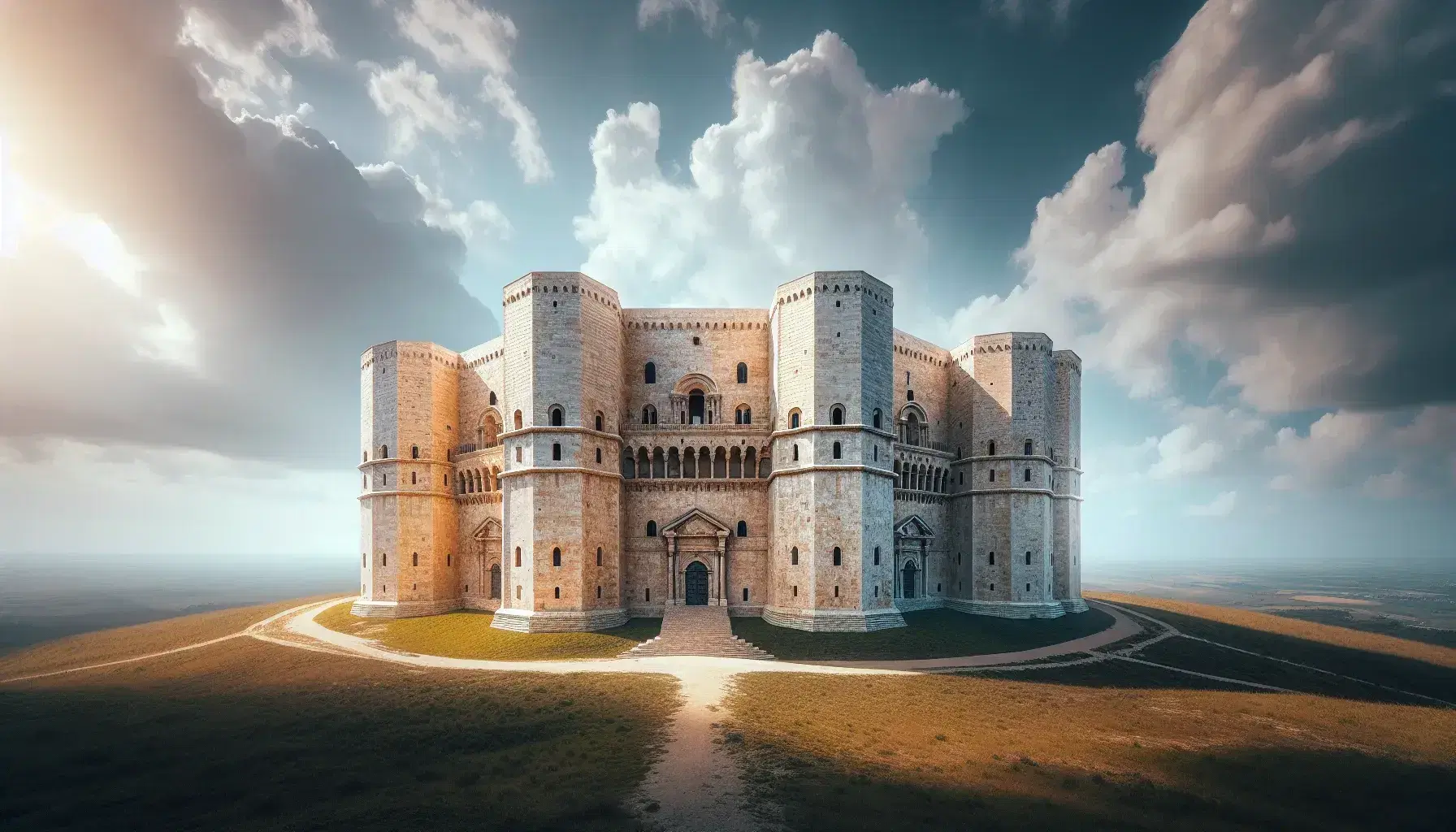 Castel del Monte in Puglia, struttura ottagonale con torri angolari e facciata illuminata dal sole su sfondo cielo azzurro con nuvole sparse.