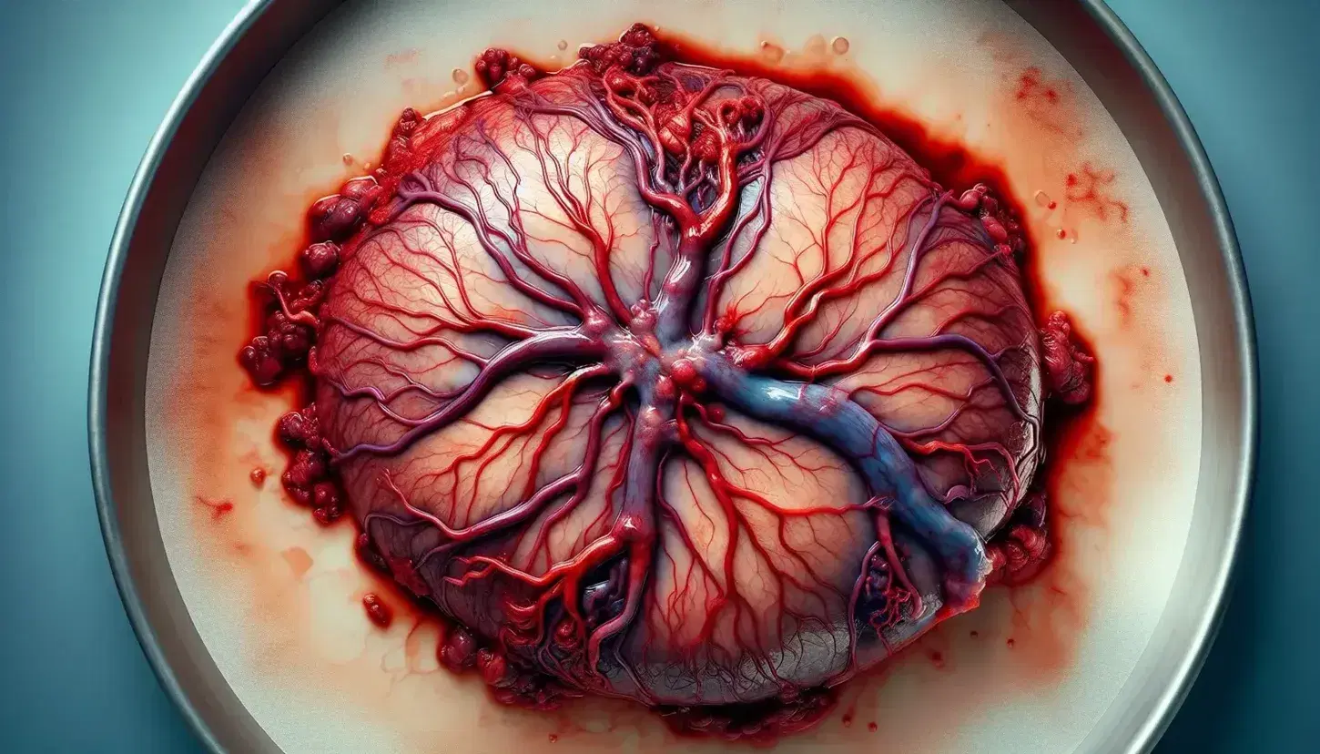 Placenta humana recién extraída con cordón umbilical y red de vasos sanguíneos sobre superficie estéril.