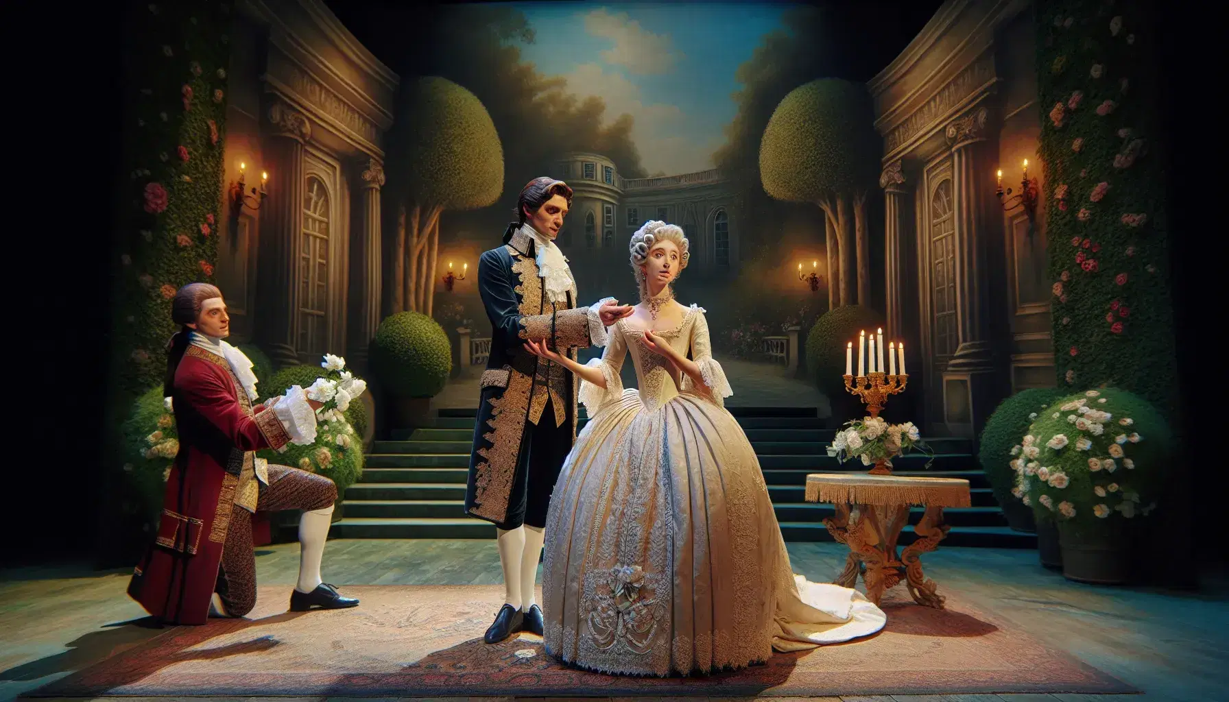 Scena teatrale settecentesca con attore in abito cerimoniale blu e donna in abito nuziale avorio su palcoscenico con giardino aristocratico finto.