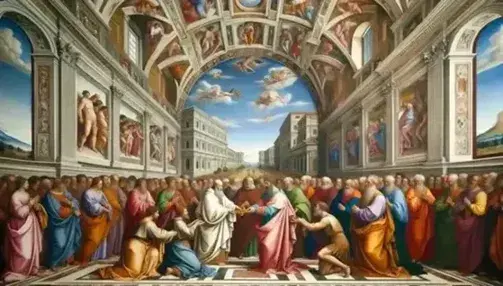 Affresco di Perugino 'Consegna delle Chiavi' con Papa e uomo inginocchiato, circondati da figure in abiti rinascimentali e architettura dettagliata.