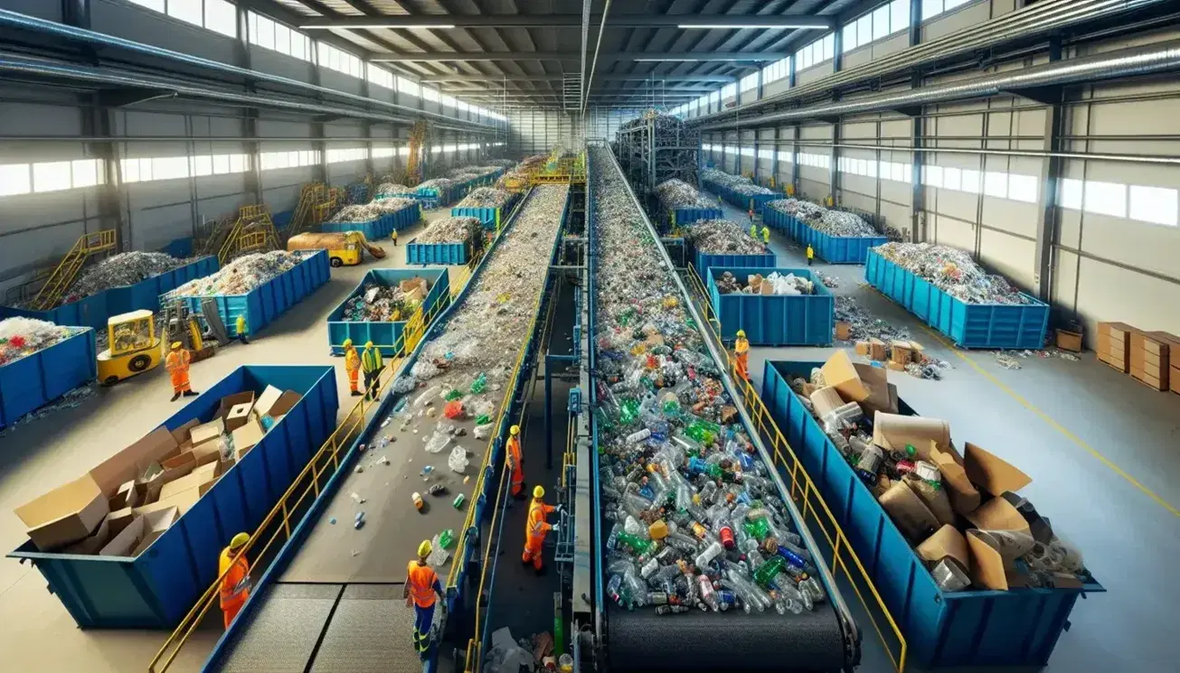 Recycling facility in Spain with workers sorting materials on a conveyor belt, surrounded by blue bins and bright industrial lighting.