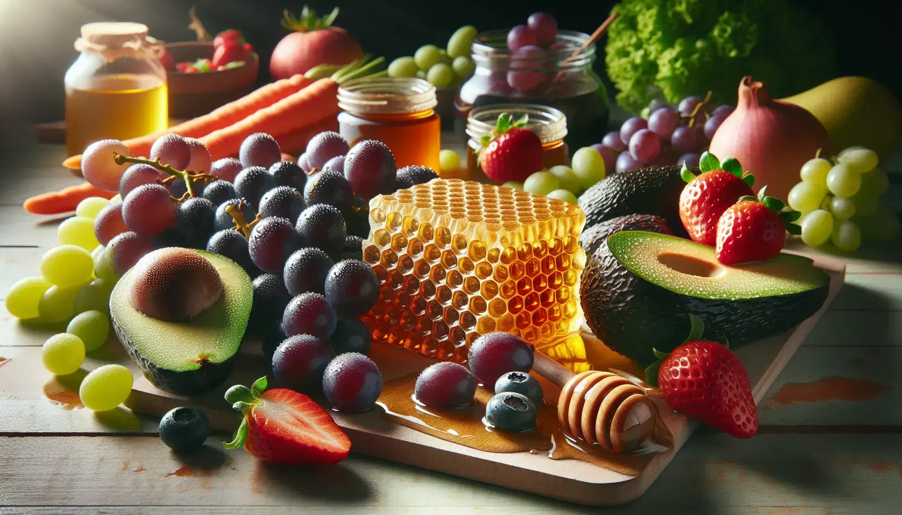Variedad de alimentos frescos con uvas moradas, panal de miel dorado, medio aguacate con semilla y fresas rojas brillantes sobre superficie de madera clara.