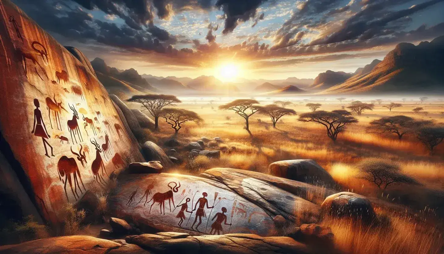 South African landscape with San rock paintings on sandstone rock, golden savannah with acacias and blurred mountains in the distance at sunset.