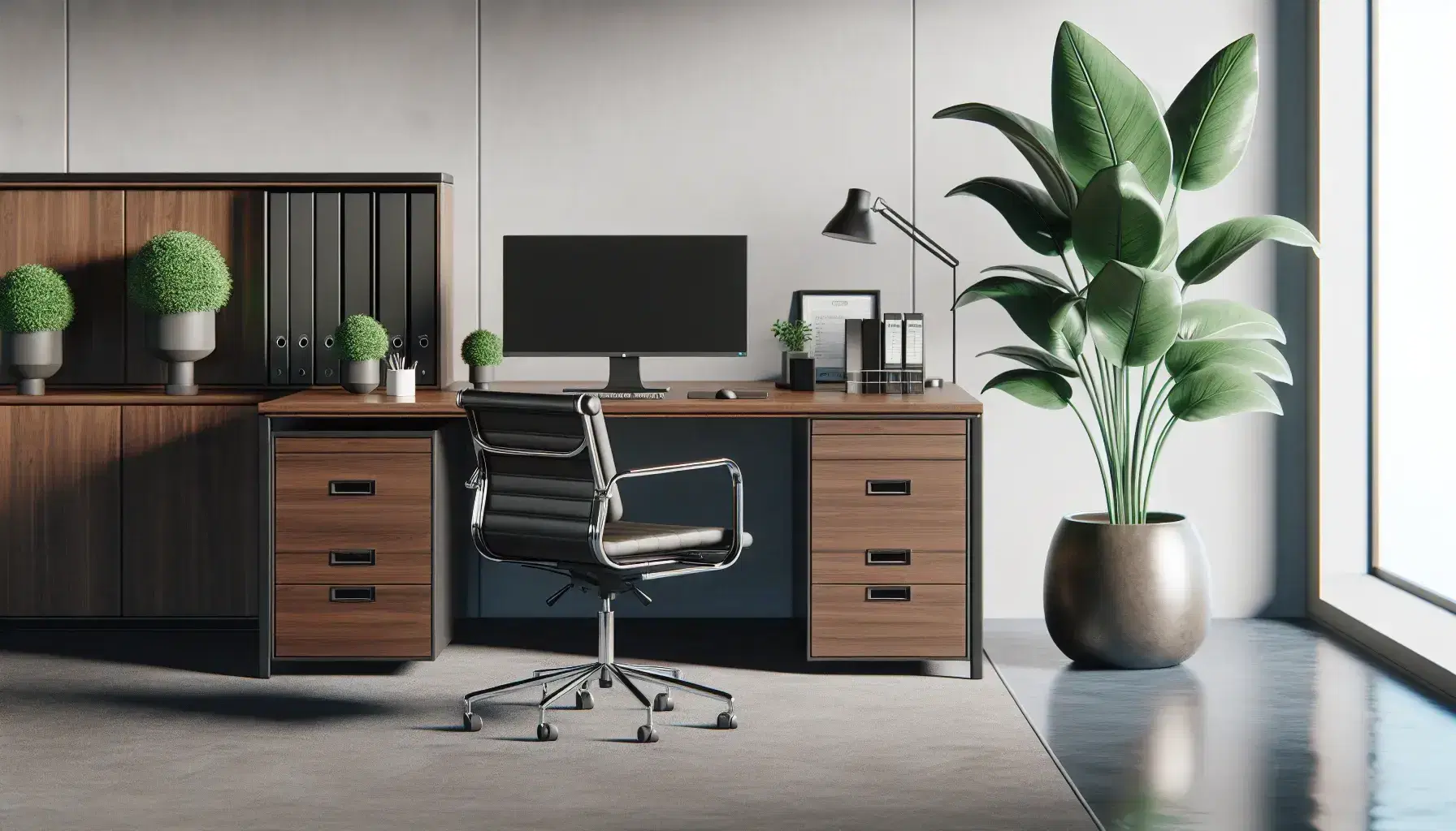 Tidy office with dark brown wooden desk, turned off modern computer, green plant in terracotta pot, black leather chair and steel gray filing cabinet.