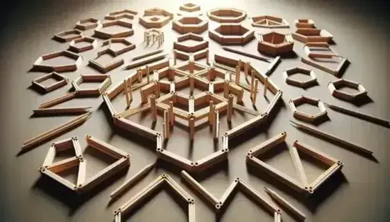 Poligoni regolari creati con bastoncini di legno e connettori su superficie neutra, inclusi esagono, pentagono, ottagono e decagono.