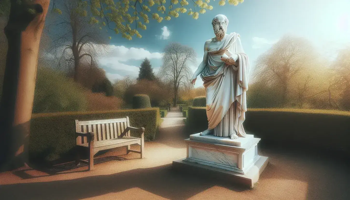 Estatua de mármol blanco de filósofo griego antiguo en parque, con túnica y sandalias, sosteniendo papiro y gesto de disertación bajo cielo azul.