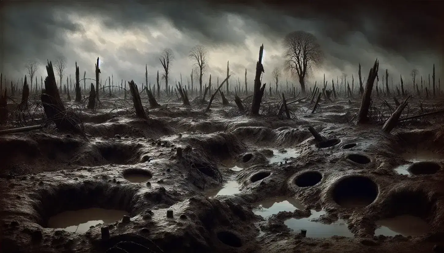 Post-battle World War I landscape with shell craters, muddy terrain, rusted barbed wire, shattered trees, and a brooding overcast sky.