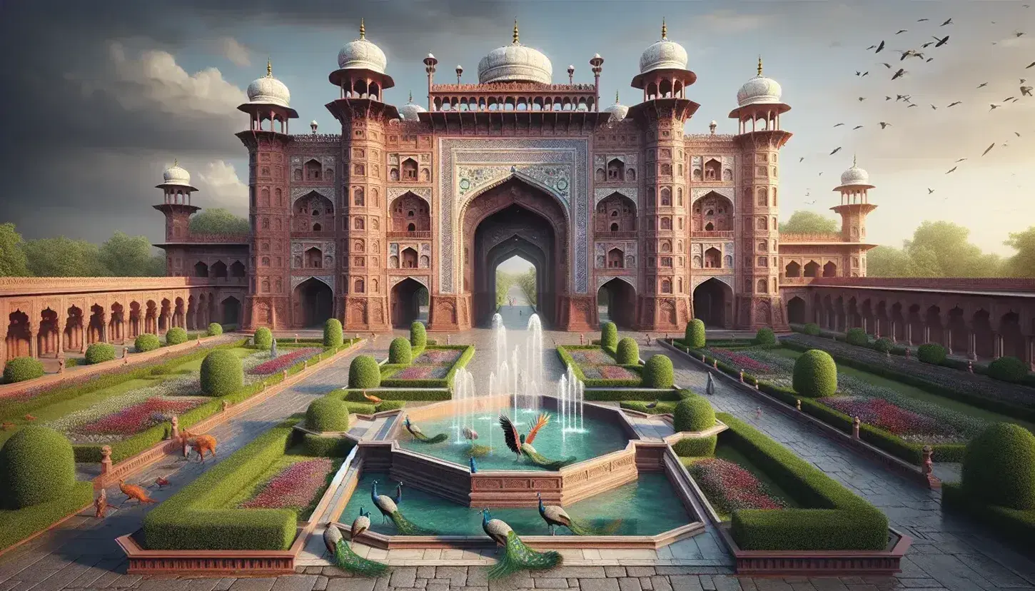 Majestic 16th-century Mughal palace with red sandstone gate, white marble domes, lush gardens, peacocks, and ornamental fountain under a clear blue sky.