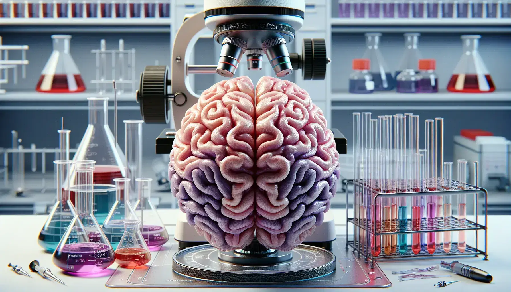 Cervelletto umano colorato in laboratorio con microscopio, pipette e provette, enfasi su studio e analisi neurologiche.