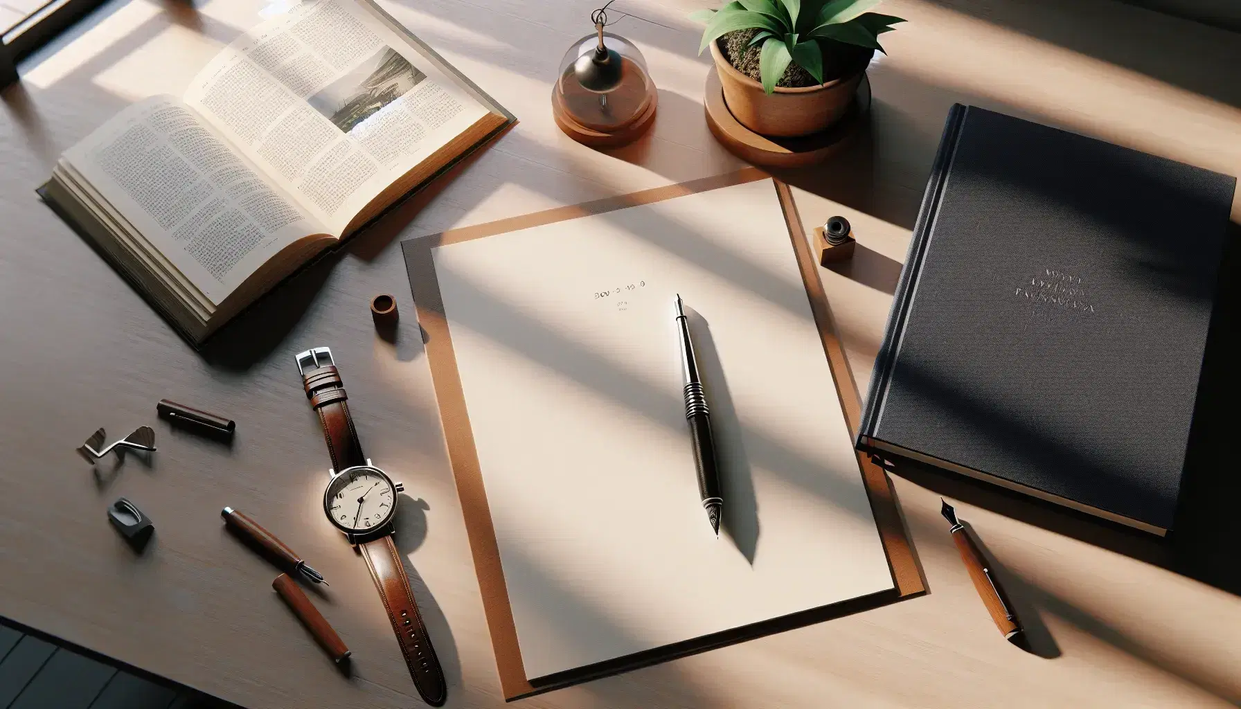 Scrivania in legno chiaro con penna stilografica su foglio bianco, libro aperto, dizionario blu, orologio analogico e pianta verde.