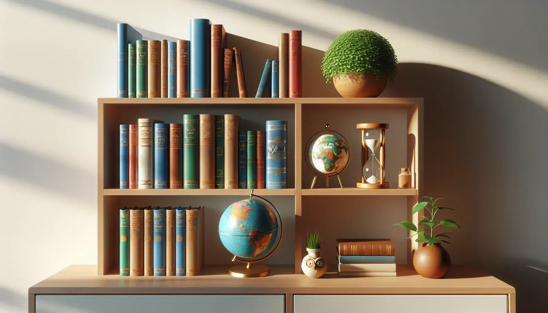 Estante de madera claro con libros de tapa dura, globo terráqueo, reloj de arena, planta y figura de búho, iluminados por luz natural.