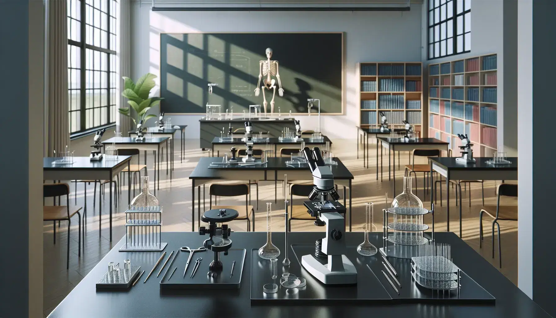 Aula luminosa con mesas en U, microscopios, Petri, herramientas de laboratorio, esqueleto humano y planta verde, sin personas.