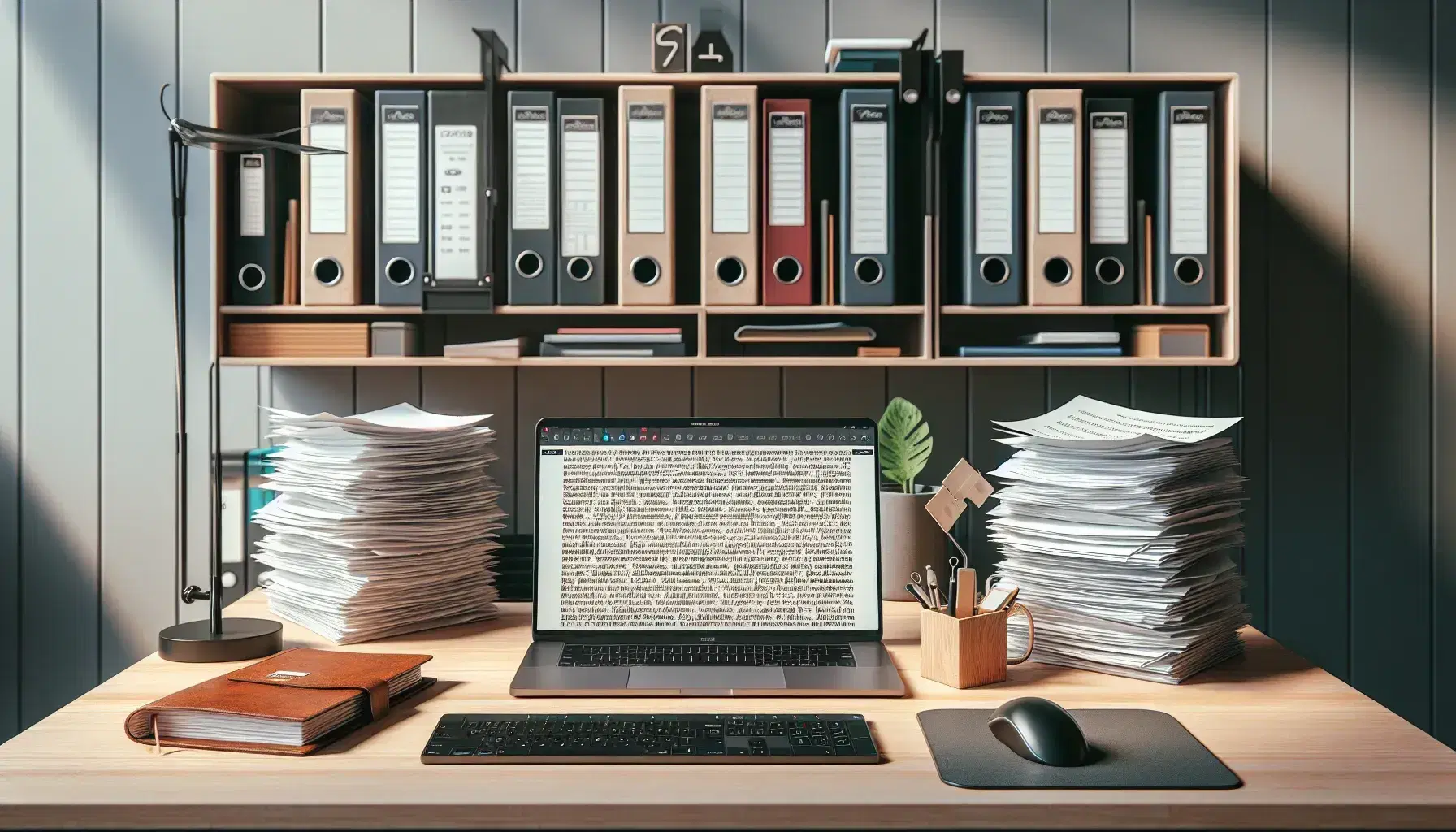 Scrivania in legno con laptop aperto, taccuino in pelle, pile di fogli, tastiera, mouse e cartelle colorate, in un ambiente professionale.