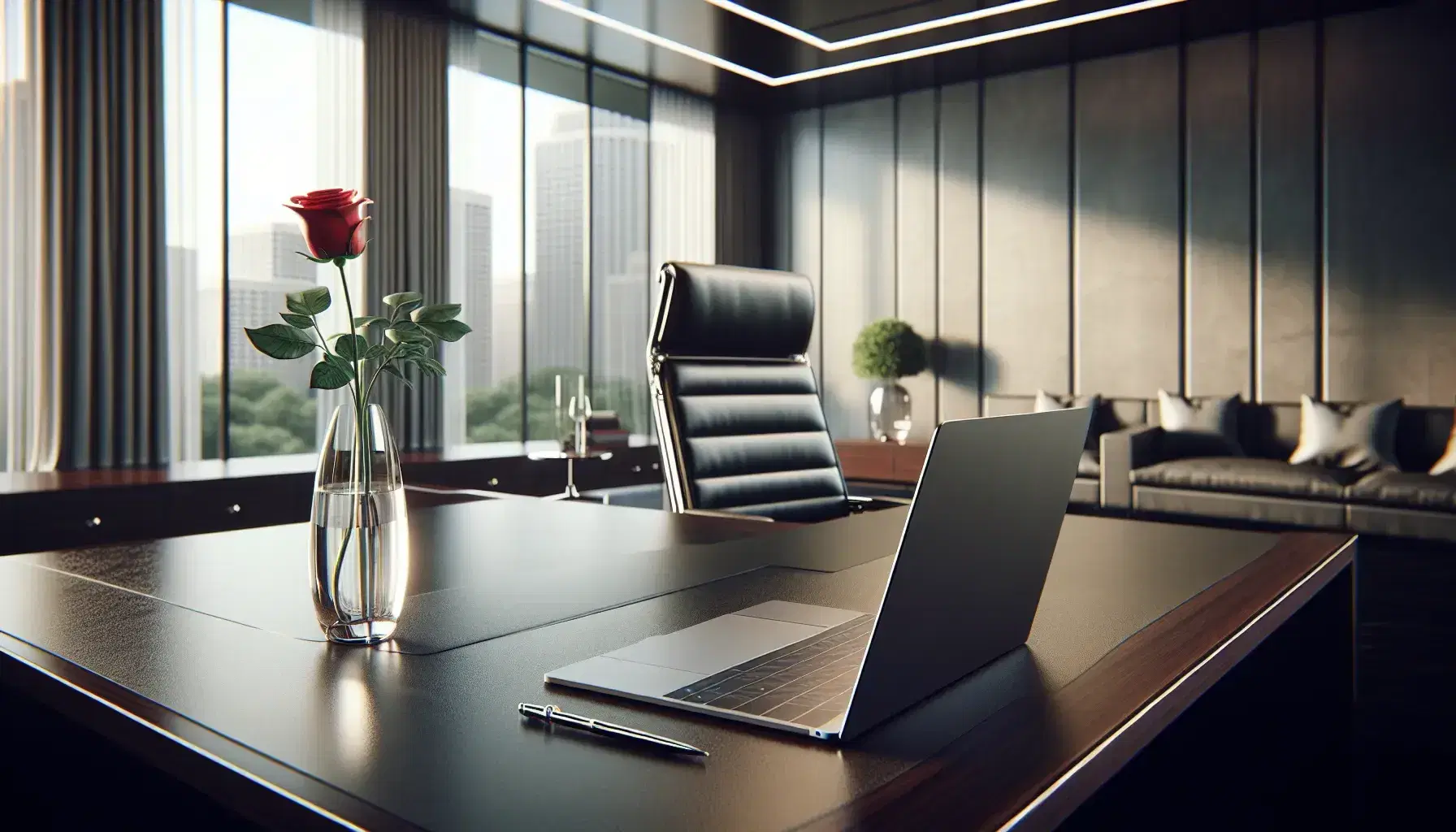 Modern corporate office with a glossy dark wood desk, silver laptop, and a single red rose in a glass vase, set against a backdrop of large, sunlit windows with sheer curtains.