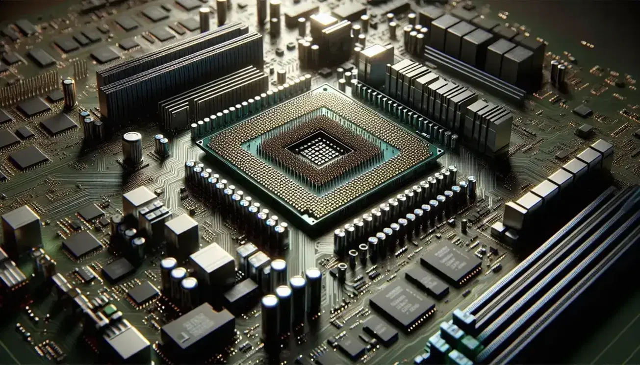 Close-up of a motherboard with CPU socket, occupied RAM slots, capacitors, resistors and traces of copper, with no visible branding.