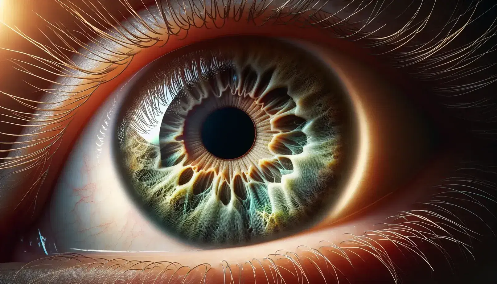 Primer plano de un ojo humano con pupila negra, iris verde-marrón y reflejo de luz tipo arcoíris, rodeado de pestañas y con pequeñas venas en la esclerótica.