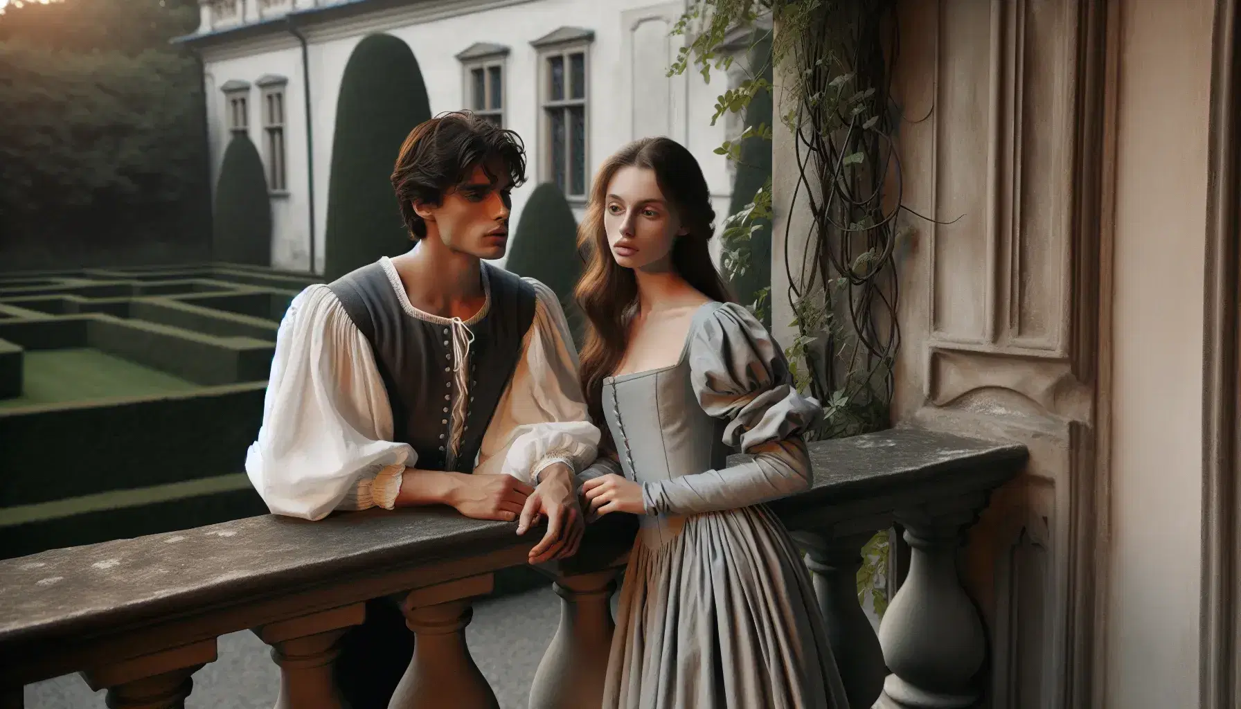 Joven pareja vestida en estilo renacentista en un balcón de piedra adornado con plantas trepadoras, bajo una luz suave que realza un encuentro romántico.