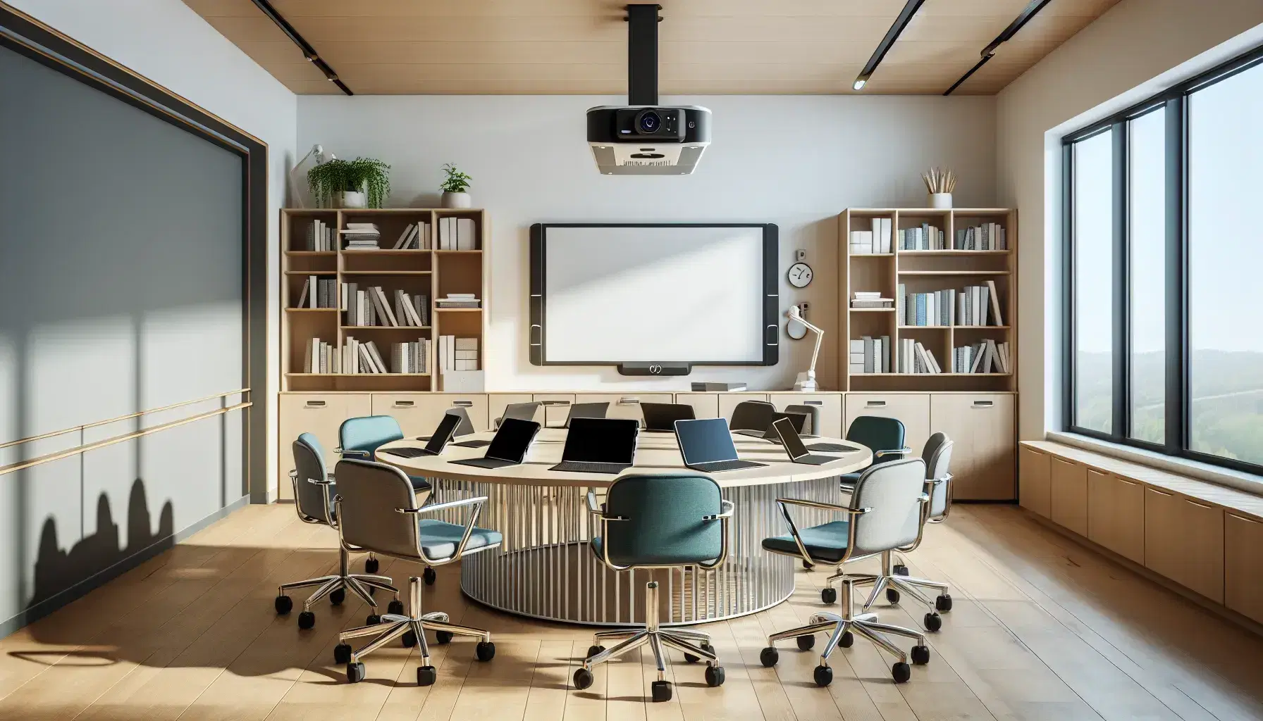 Aula moderna y luminosa con mesa redonda, sillas ergonómicas azules y verdes, dispositivos electrónicos, pizarra blanca, proyector y estantería con libros.