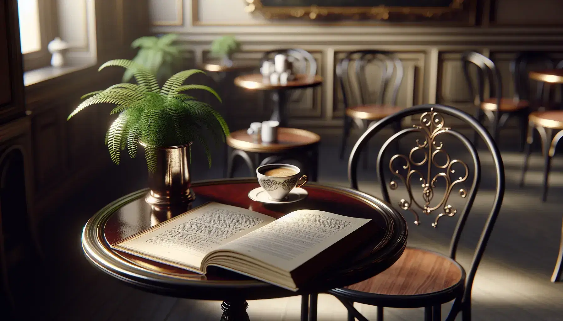 Traditional French café scene with a round wooden bistro table, half-filled coffee cup, open book, and an ornate black iron chair, set against a warm, softly lit backdrop.