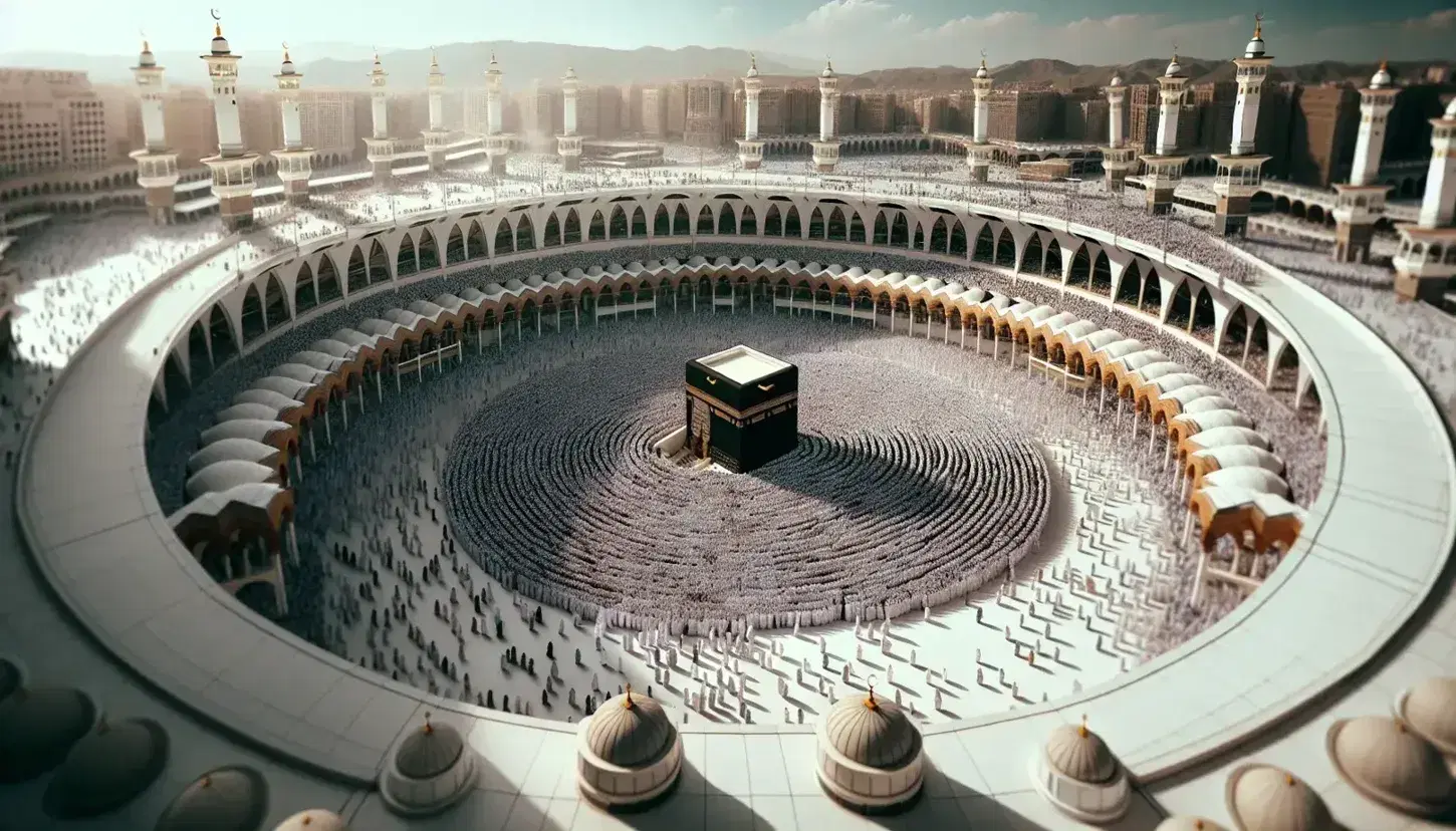 Worshippers in white perform Tawaf around the Kaaba draped in the Kiswah, under a clear blue sky, with beige minarets and crescent moons above.