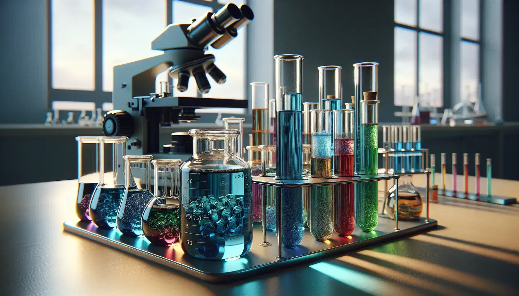 Serie di provette in vetro trasparente con sostanze colorate su banco laboratorio, riflesso luce naturale, microscopio sfondo.
