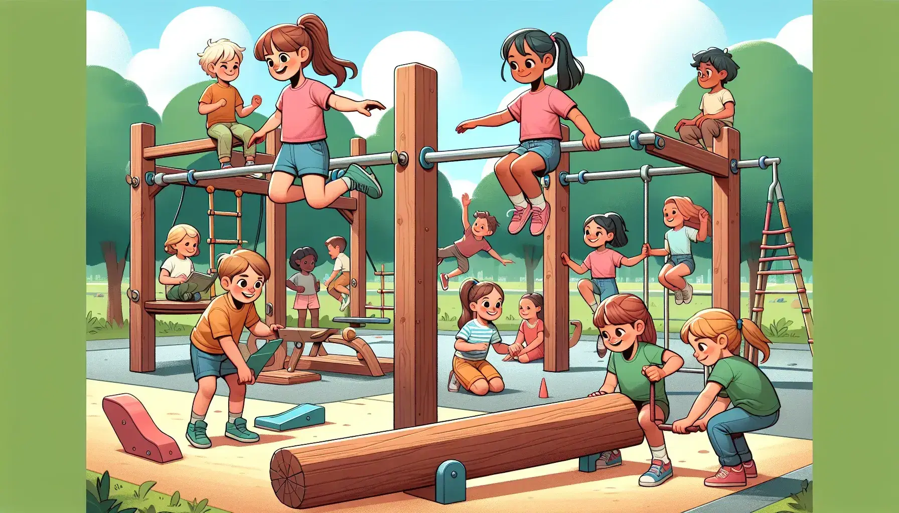 Niños de diversas etnias jugando en un parque soleado con juegos de equilibrio, trepadores y resbaladilla, rodeados de árboles verdes.