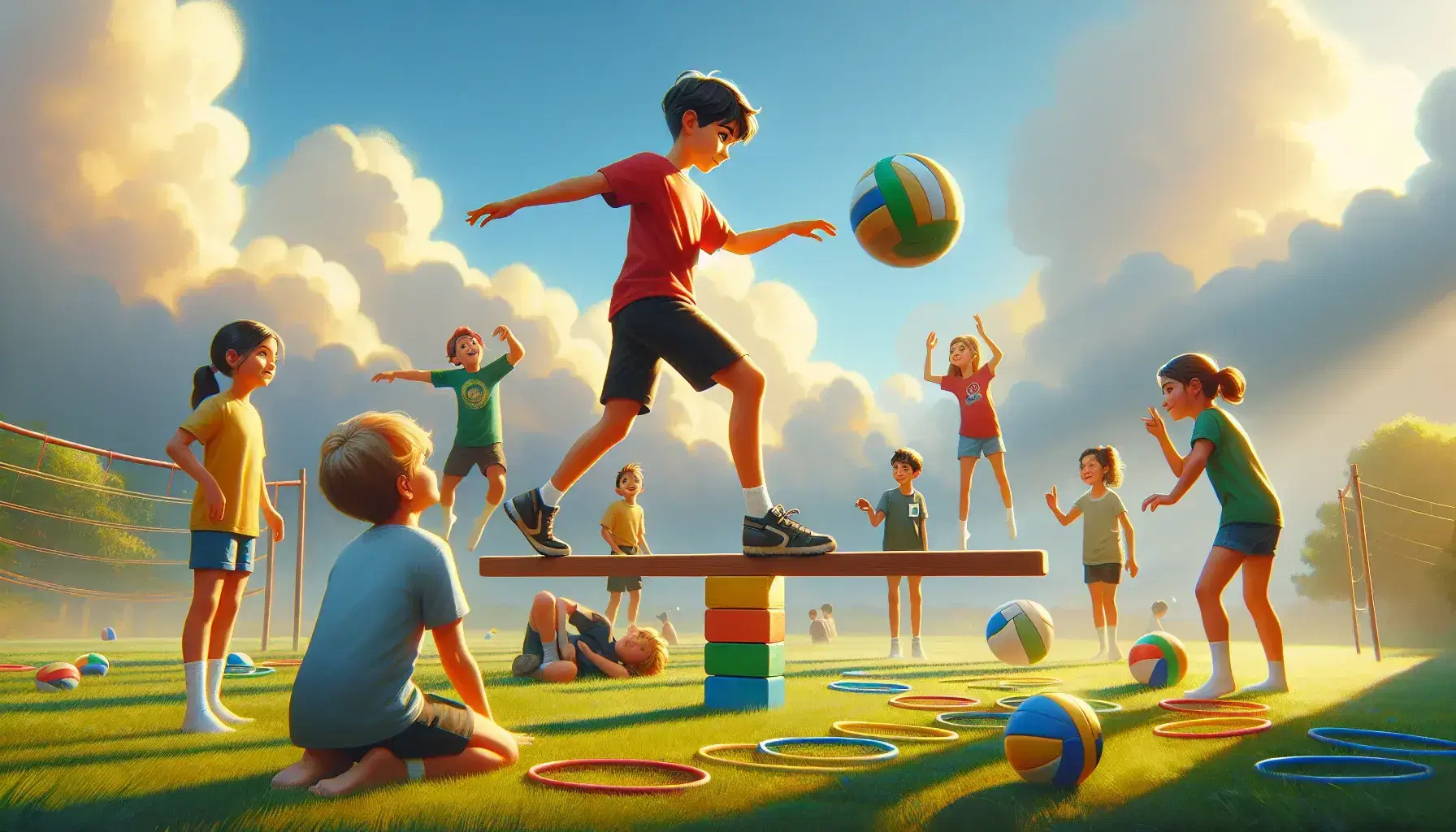 Niños realizando actividades al aire libre en un campo verde, equilibrio en viga de madera y juegos con aros y pelota bajo cielo azul.