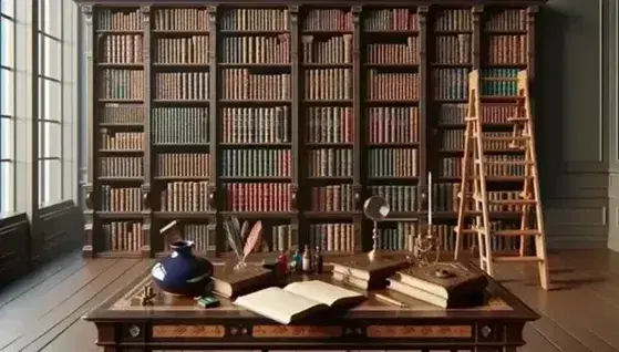 Biblioteca antica con libreria in legno scuro piena di libri rilegati, scala con ruote, tavolo da studio con lente d'ingrandimento, calamaio e pergamene.