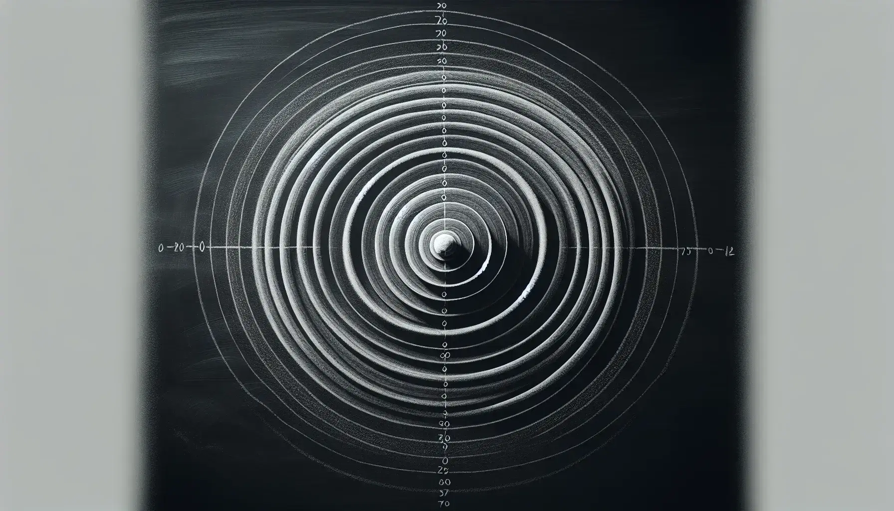 Blackboard with concentric circles drawn in chalk, evenly spaced and decreasing towards the centre, on a dark gray background.