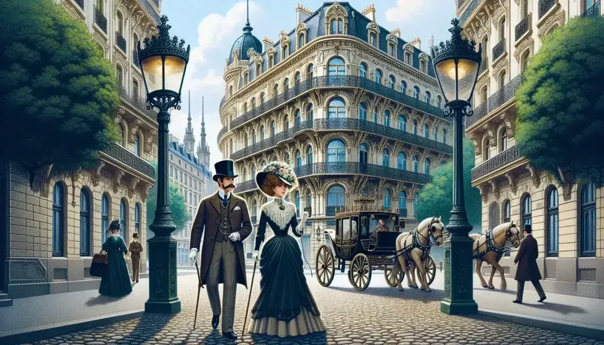 Pareja elegante paseando por calle adoquinada de la Belle Époque con carruaje tirado por caballos y edificios ornamentados.