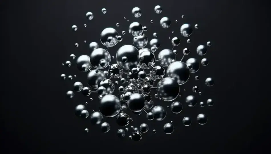 Esferas metálicas de distintos tamaños flotando en fondo negro, reflejando luz y creando una composición similar a un modelo atómico.