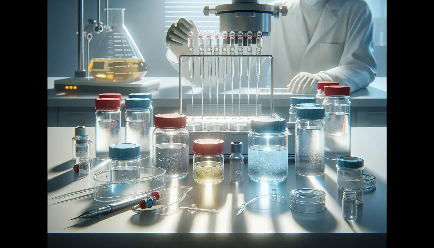 Laboratorio farmacéutico con frascos de líquidos de colores y pipetas en primer plano, y científico utilizando agitador magnético en el fondo.