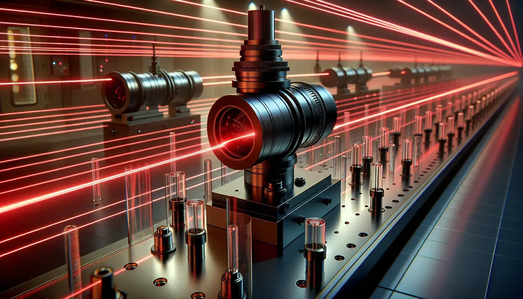 Laboratory laser apparatus with red coherent beam passing through multiple transparent lenses, demonstrating parallel light propagation in a scientific setting.