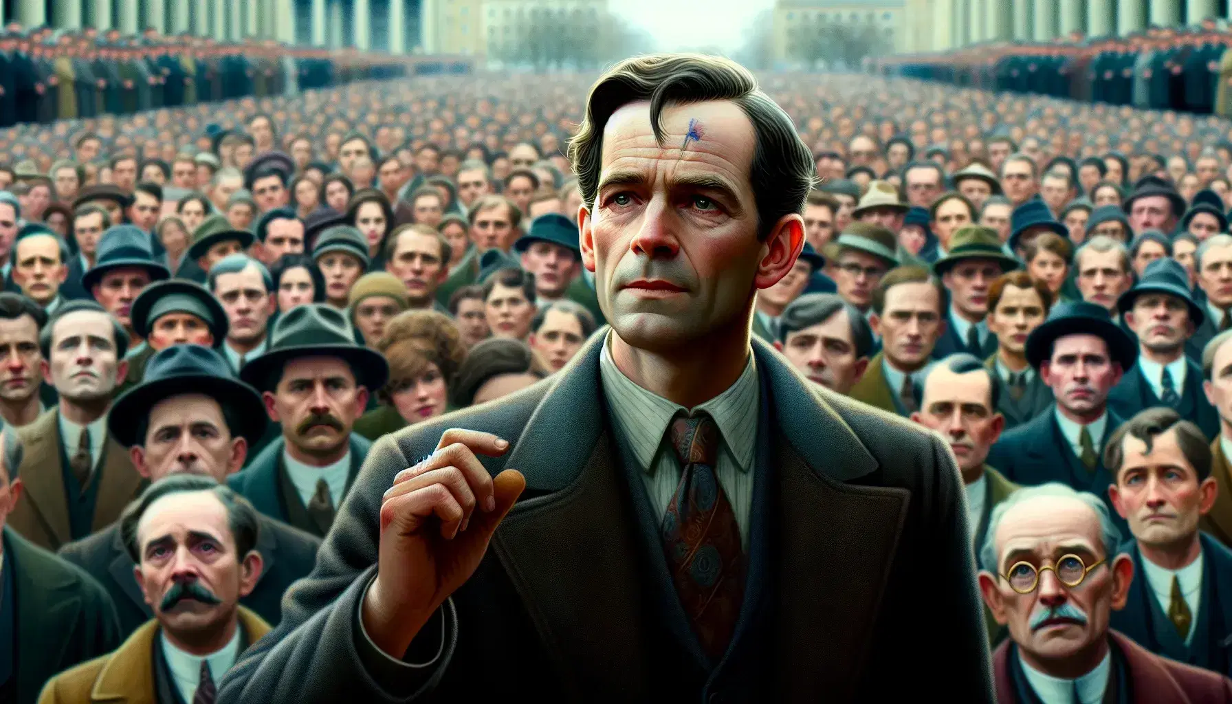 Middle-aged man with a birthmark on his forehead speaks to an attentive crowd, gesturing confidently, in a moment of public engagement.