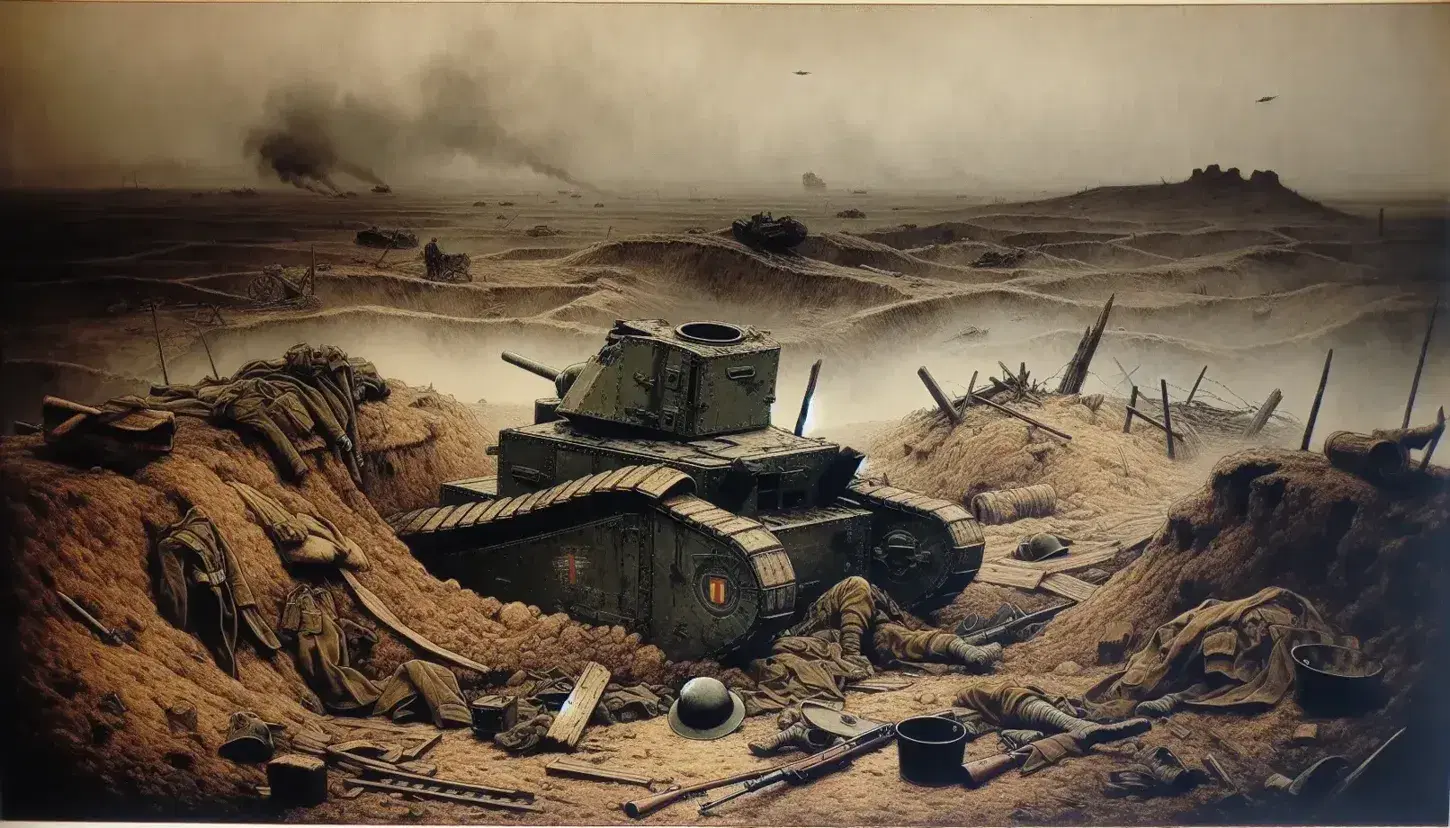 Campo di battaglia della Guerra Civile Spagnola con terreno dissestato, resti di un carro armato distrutto e cielo grigio fumoso.