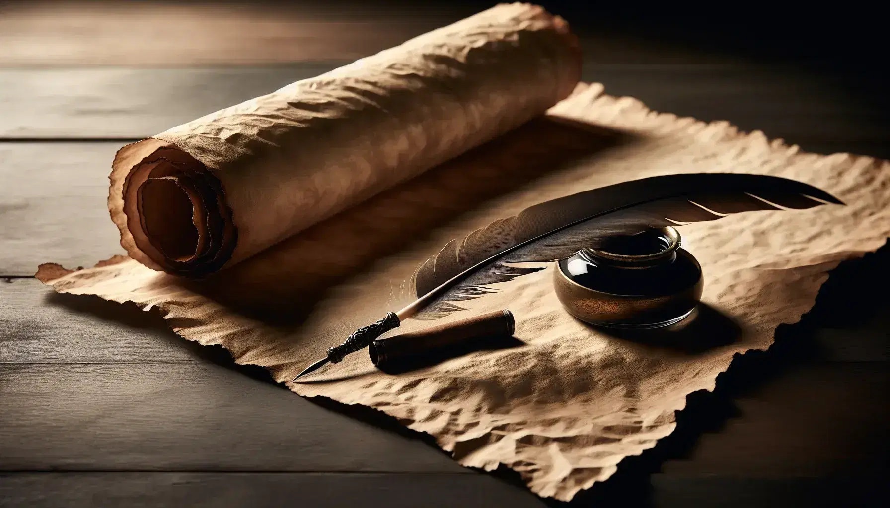 Antique parchment scroll on a dark wooden table with a quill pen and brass inkwell, evoking a sense of historical writing and vintage correspondence.