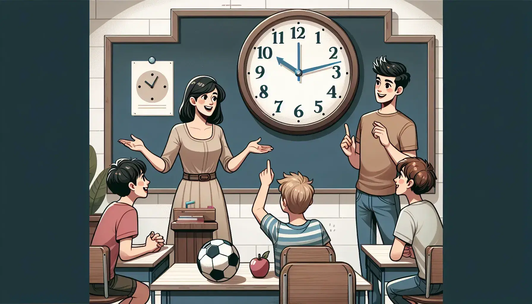 Insegnante spiega a tre studenti attenti in aula, sotto orologio senza numeri; sul banco mela, cubo di legno e pallone.