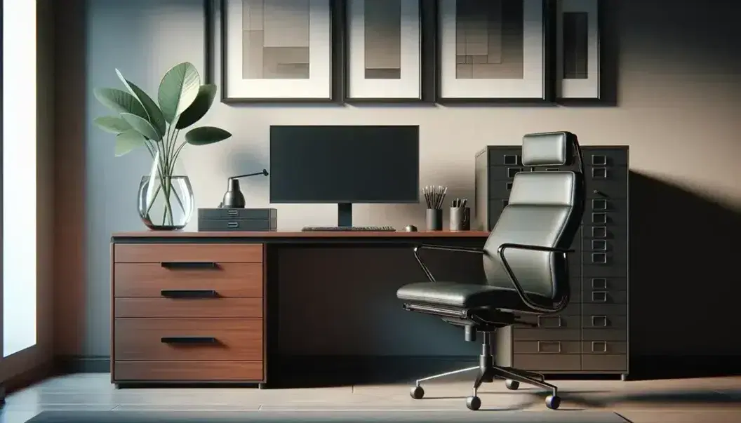 Organized office with mahogany desk, modern computer, ergonomic chair, and green plant, against beige walls with abstract art, under natural and artificial light.
