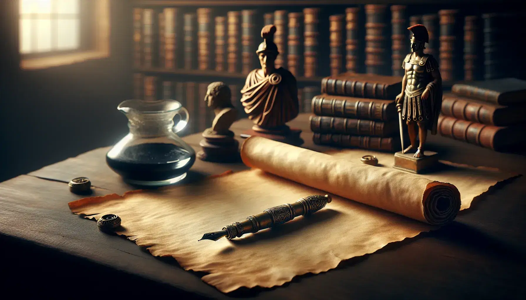 Pergamena antica su tavolo scuro con penna stilografica vintage, calamaio e statuetta guerriero romano, sfondo sfocato di libreria.