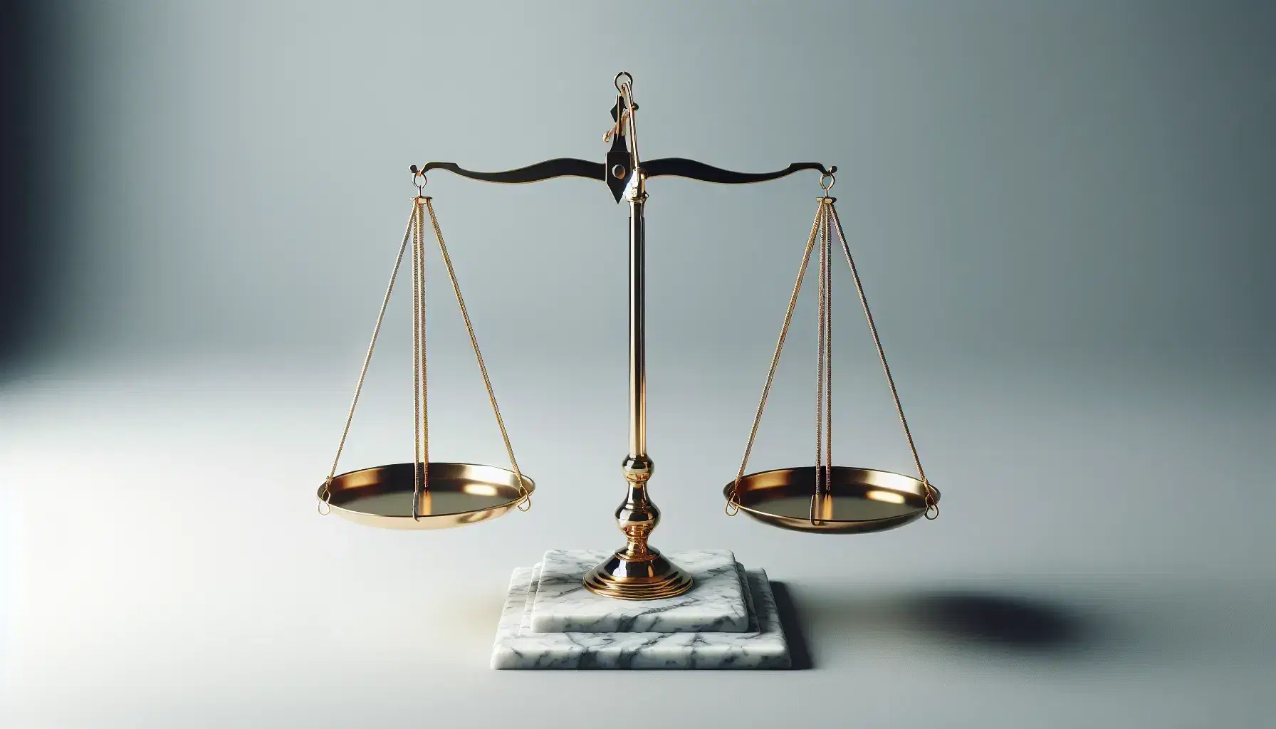 Balanza de justicia dorada nivelada en equilibrio sobre base de mármol, símbolo de la ley, en fondo gris uniforme sin distracciones.
