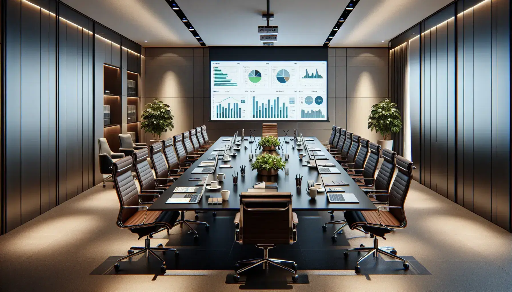 Sala de reuniones corporativa con mesa rectangular marrón, sillas ergonómicas negras, laptops con gráficos, cuadernos, taza de café y planta interior.
