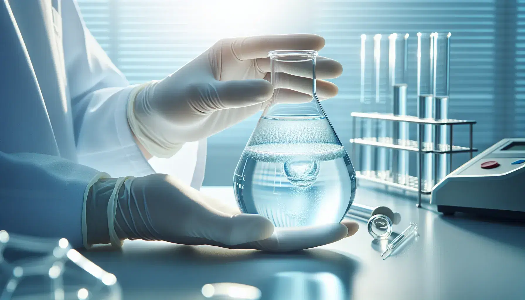 Scientist hands with latex gloves hold a glass flask with blue liquid in blurred laboratory with scientific equipment.