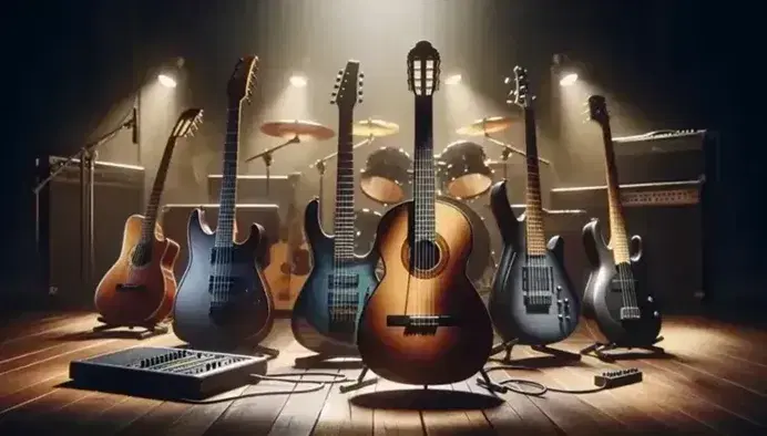 Chitarra classica, chitarra elettrica blu e basso elettrico nero su palco in legno con amplificatore sfocato e microfono sullo sfondo.