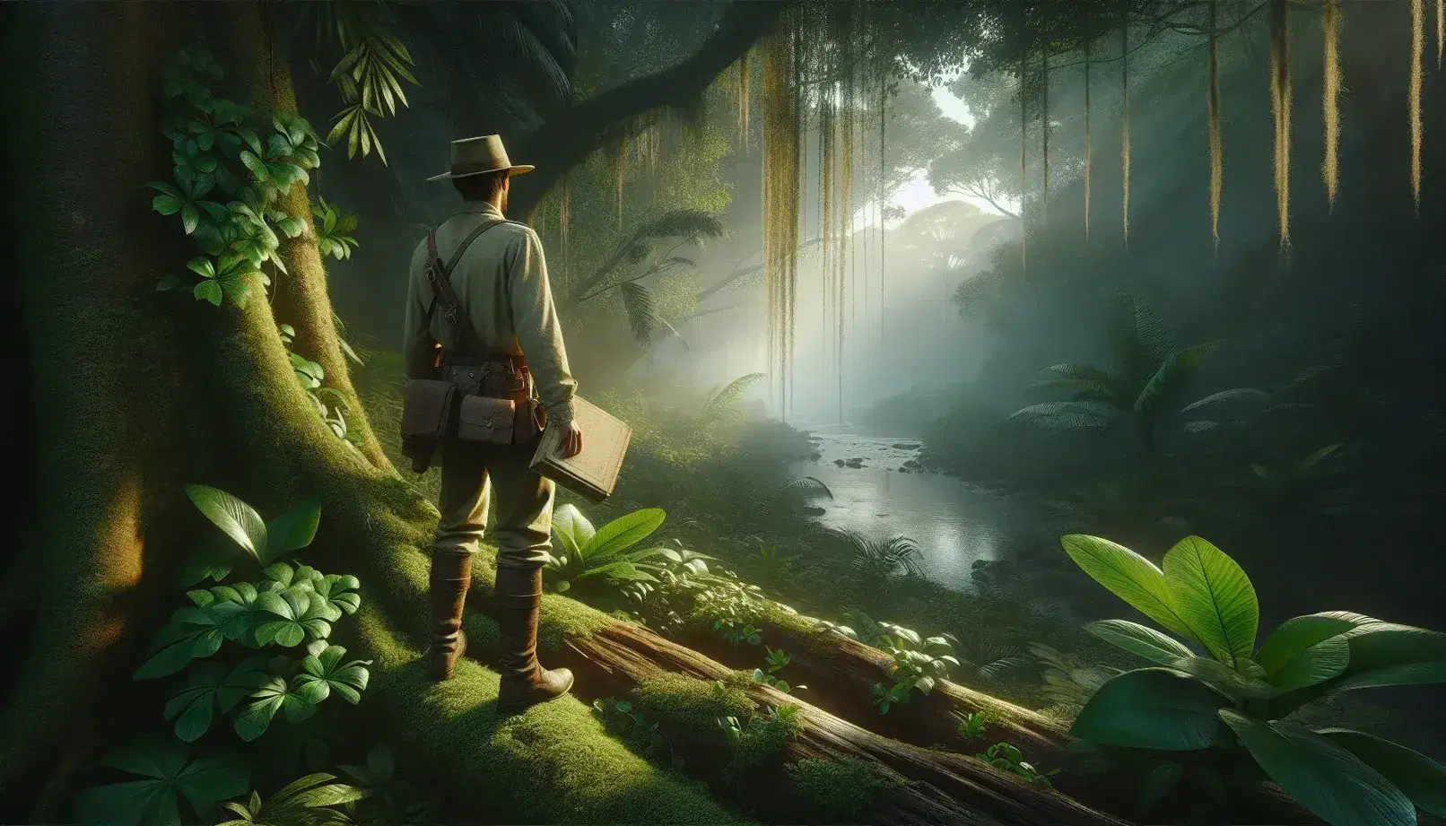 Explorador del siglo XX en selva tropical, con libro abierto, rodeado de vegetación densa, tronco caído con musgo y río borroso al fondo.