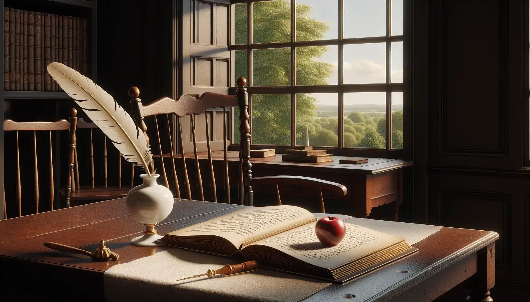 Escena de aula del siglo XIX con mesa de madera, libro abierto, pluma y tintero, silla tallada, manzana roja sobre tela y ventana con vista a árboles.