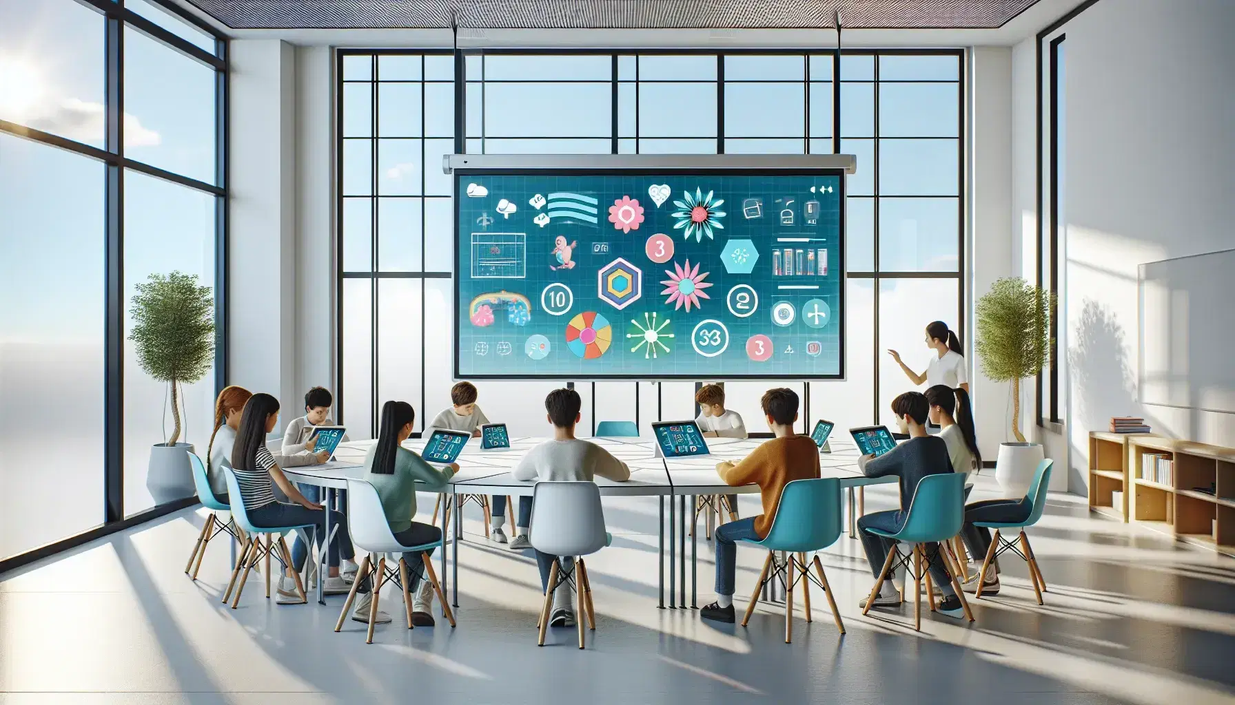 Aula moderna con estudiantes enfocados en tabletas digitales y profesor interactuando con pizarra inteligente, ambiente iluminado y decoración minimalista.