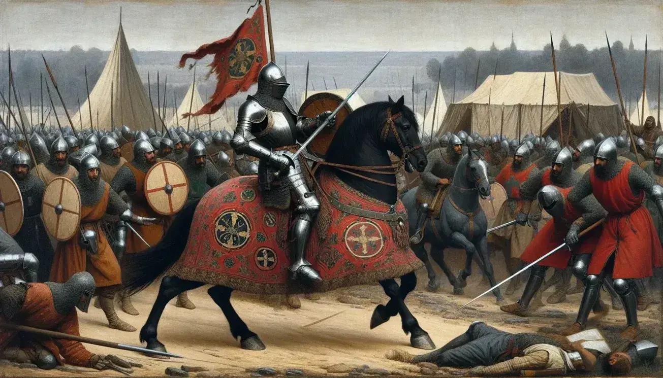 Cavaliere in armatura su cavallo rosso con lancia in battaglia crociata, circondato da soldati armati senza simboli distintivi.