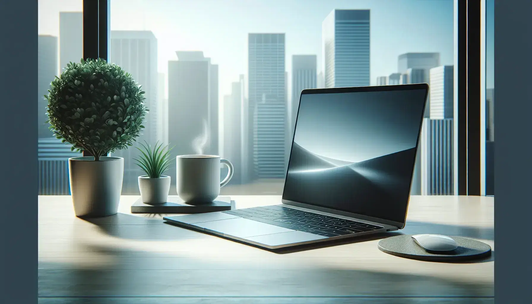 Modern workspace with open laptop, cup of coffee, green plant and headphones, overlooking skyscrapers from a bright window.