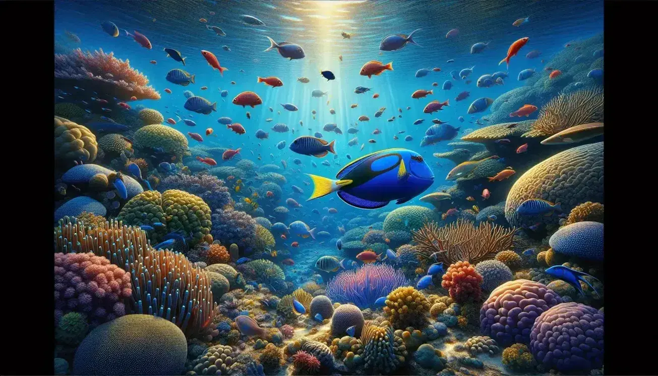 Ambiente marino con pesce chirurgo blu elettrico tra coralli colorati, anemoni viola e gruppo di anfibi su roccia sommersa.
